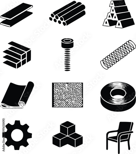 metal construction material icons vector silhouettes grid set