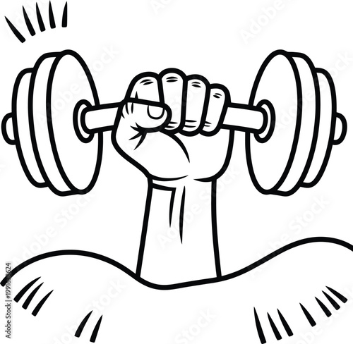 Illustration of a hand holding a dumbbell, representing strength, fitness, and bodybuilding