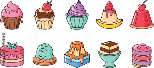 Cute Cartoon Dessert Icon Set with Cupcake Pudding Jelly Ice Cream Cake Mousse and Layered Sweets for Bakery Menu Food Design