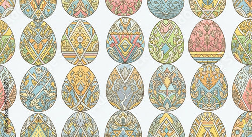 Many Colorful Decorative Easter Eggs Arranged in Rows.