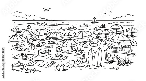 People sunbathing and swimming on a crowded sandy beach