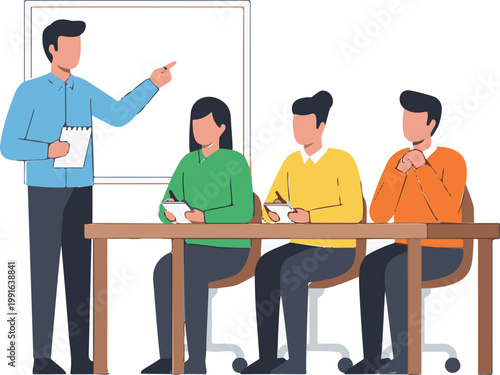 Professional instructor engaging with a group of attentive students who are actively taking notes during a productive classroom presentation.