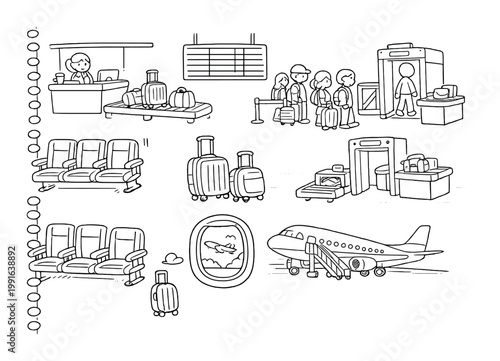 Airport terminal scenes showing check in security and plane