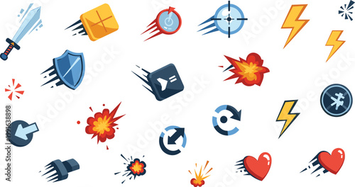 Game Action Effect Icons Set with Explosion Lightning Shield Speed Boost Hearts and Impact Symbols for UI Animation Arcade and Combat Design.