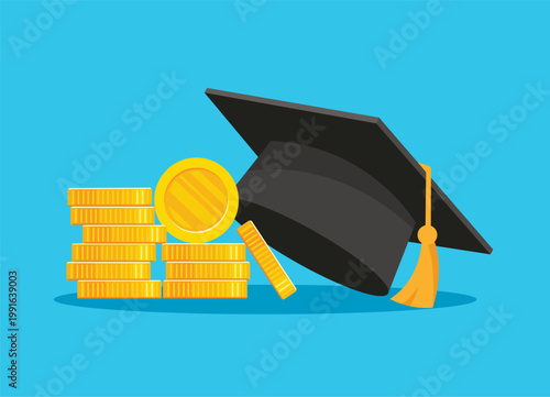 Graduation cap with money and coins for education investment