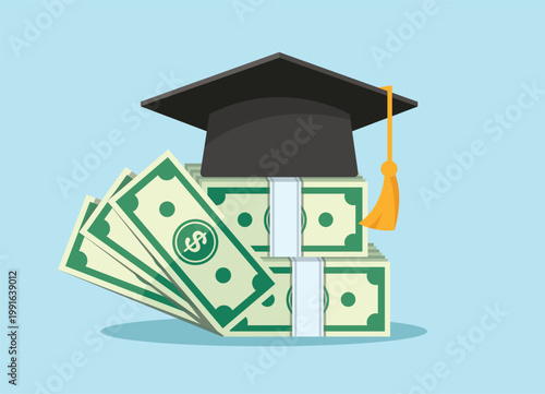 Graduation cap with money and coins for education investment