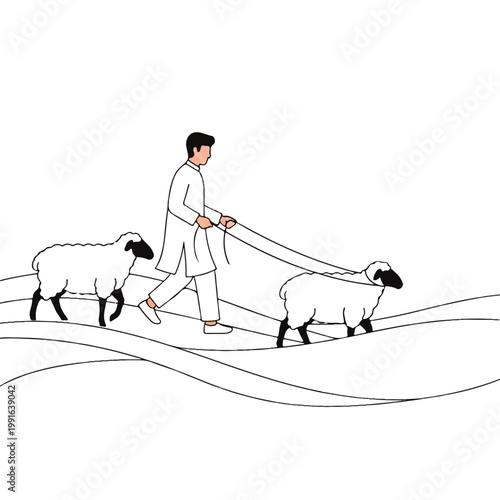 Vector flat design illustration of a man herding sheep across rolling hills in a simple, clean style