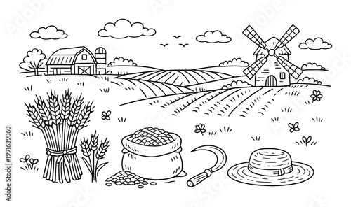 Wheat sheaf, grain and farming tools in open field scene