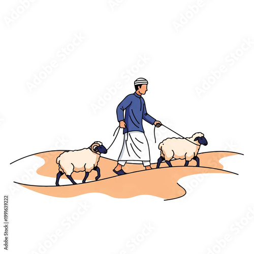 Vector flat design illustration of a man in traditional clothing herding two sheep across a sandy landscape