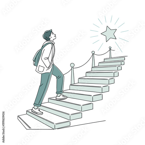 Photos aspiring young professional, climbing stairs to success, achievement goal, motiv