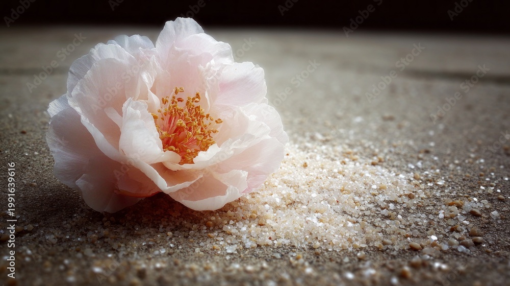 Obraz premium A delicate pink flower lies gracefully on a sandy surface, its soft petals contrasting with tiny grains of sand. The scene evokes peace and natural beauty, inviting contemplation