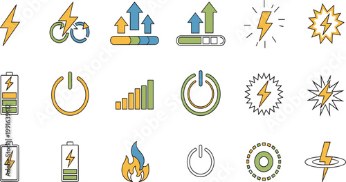 Energy and Power Icon Set with Battery Charge Lightning Bolt Electricity Symbols for Technology Performance Charging and Renewable Energy Concepts Design.