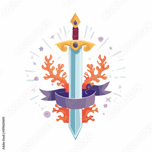 Fantasy Sword Surrounded by Coral and Ribbon