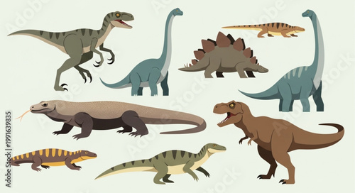Collection of diverse prehistoric dinosaurs and reptiles illustration.