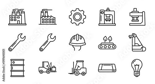 Industrial Icons Set Vector Illustration Factory Tools Equipment.