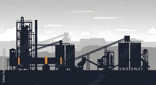 Industrial factory silhouette with conveyor belts and silos