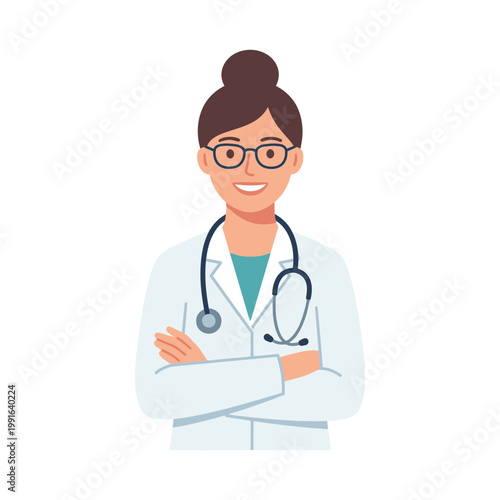 A smiling female doctor wearing glasses and a stethoscope symbolizes healthcare.