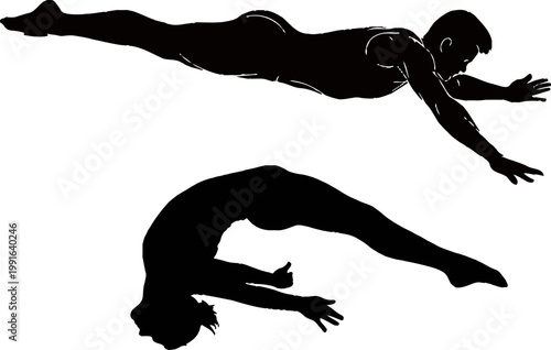 Silhouetted female acrobat performing dynamic aerial poses
