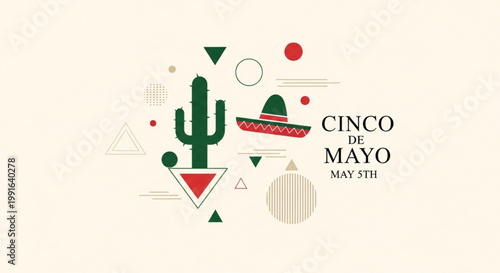 Cinco de Mayo celebration graphic with cactus and sombrero festive vector illustration for holiday marketing and design abstract geometric elements