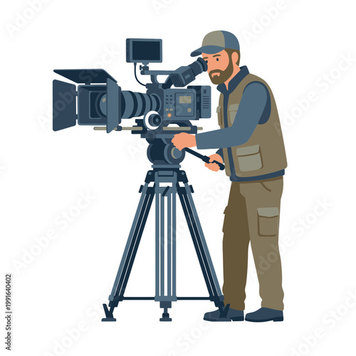 A cameraman operates a large video camera on a tripod symbolize his passion.
