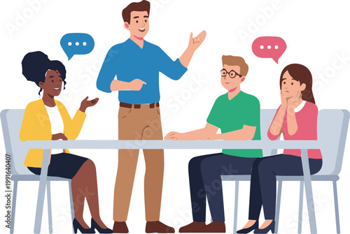Diverse team of professionals collaborating and sharing ideas during a business meeting or presentation in an engaging and interactive setting.