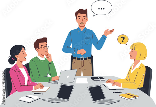 Diverse business professionals collaborate and discuss new strategies as a male presenter shares innovative ideas with his attentive colleagues in a corporate meeting.
