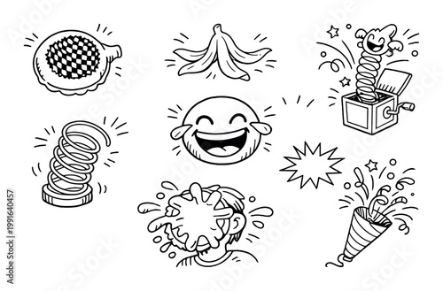 Gag and prank doodles displayed on dark striped background