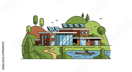 eco friendly house with solar panels and lake view