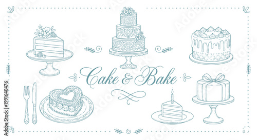 Collection of Delicious Cakes and Baking Illustrations.