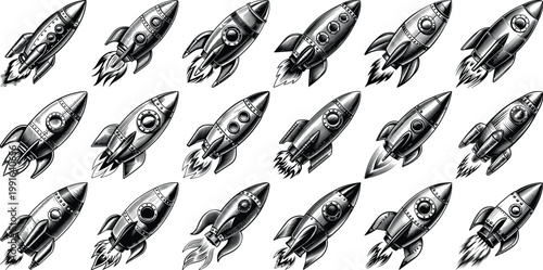 Vintage Rocket Set Vector – Spacecraft Launch, Retro Rocket Collection and Startup Growth Illustration