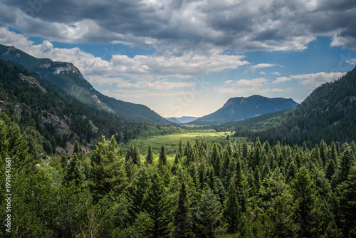 Scenic Rocky Mountain Landscape with Evergreen Hillside in Rocky Mountain NP, Colorado