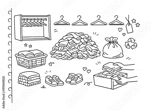 Pile of folded clothes being sorted for donation near closet