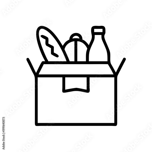 Food grocery delivery box with bread bottle and bag outline icon for shopping and e-commerce