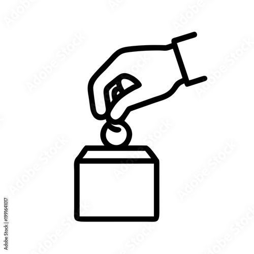 Hand dropping coin into donation box, charity and giving support symbol outline icon
