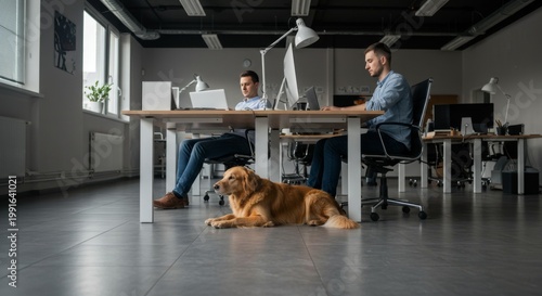 Two men working at computer desks in a modern office with a golden retriever dog resting on the floor. Coworking space concept.