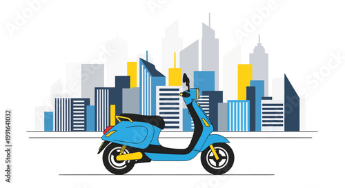 Electric scooter in front of modern city skyline illustration