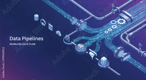 Isometric Data Pipelines Vector Illustration with Digital Flow