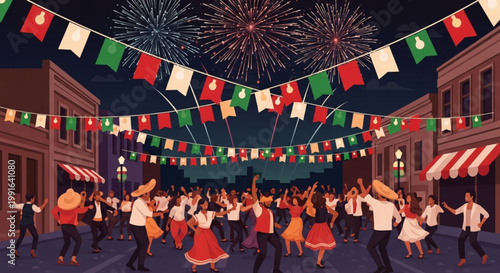Vibrant Mexican street festival at night with fireworks dancing crowds and colorful decorations celebrating culture and community