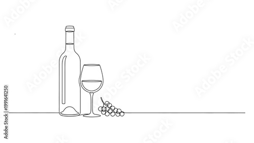 Minimalist Line Art of Wine Bottle Glass and Grapes. Continuous line style. Hand drawn. Line art. Vector design. illustration