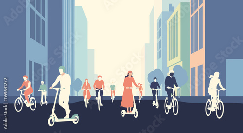 City street with people riding bicycles and scooters in urban landscape