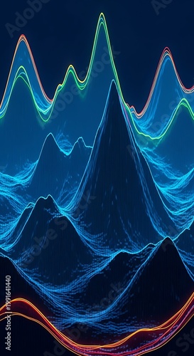 neon mountain landscape with glowing data visualization lines