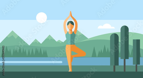 Woman practicing yoga outdoors in serene natural landscape