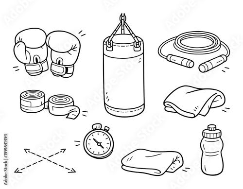 Boxing gloves and training gear arranged around punching bag