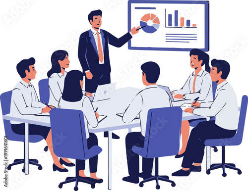 A group of diverse business professionals collaborates during a formal corporate meeting, where a male presenter explains market data and financial charts.