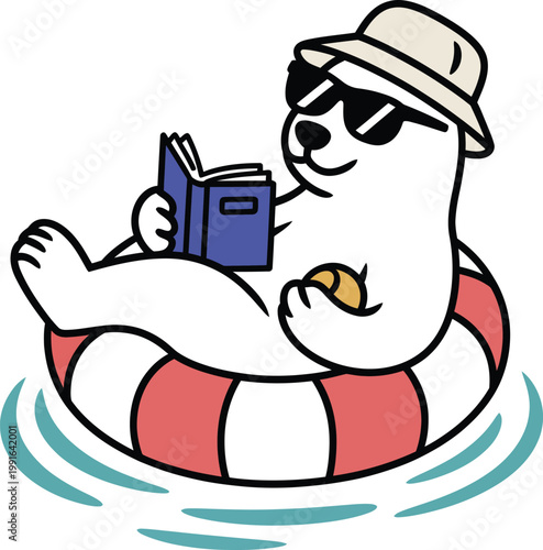 Cute polar bear wearing sunglasses and a bucket hat reading a book while floating on a pink and white striped inner tube in the water