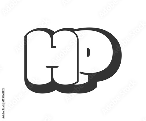 HP logo, bubble comic lettering, rounded in graffiti style black and white silhouette. Trendy preschool H and P letter text for festival party, personal initials, children funky print and web.