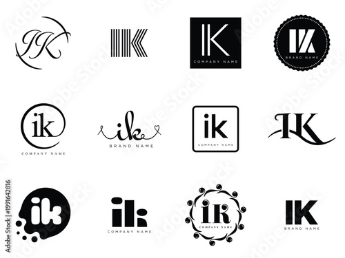 IK logo company template. Letter i and k logotype. Set different classic serif lettering and modern bold text with design elements. Initial font typography.