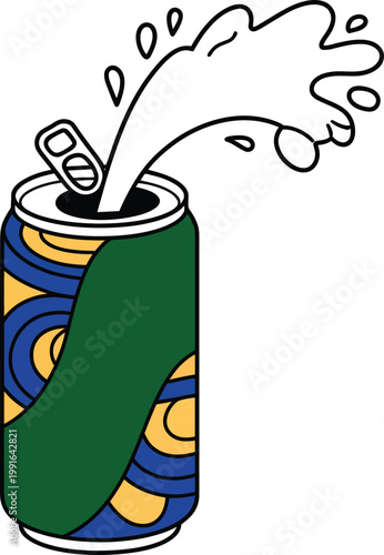 Vector illustration of an open soda or beer can with liquid splashing out