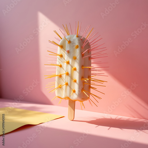 A white chocolate popsicle with yellow and pink spikes on a pink background with a yellow envelope