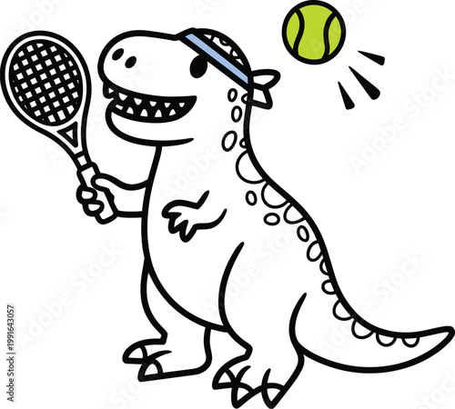 Cute cartoon trex dinosaur playing tennis with a racket and a ball
